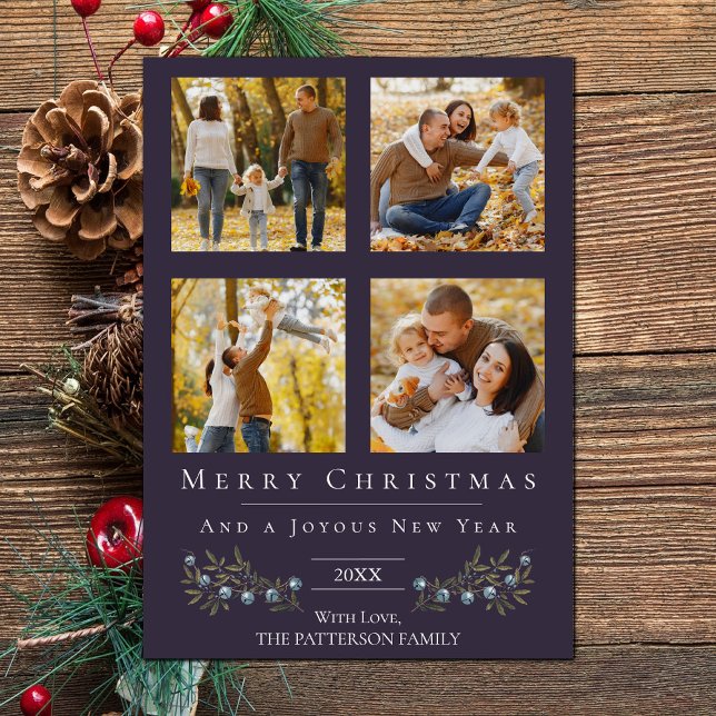 Jingle Bells Foto Collage Weihnachten | Lila (Purple Jingle Bells Four Photo Christmas Holiday Card)