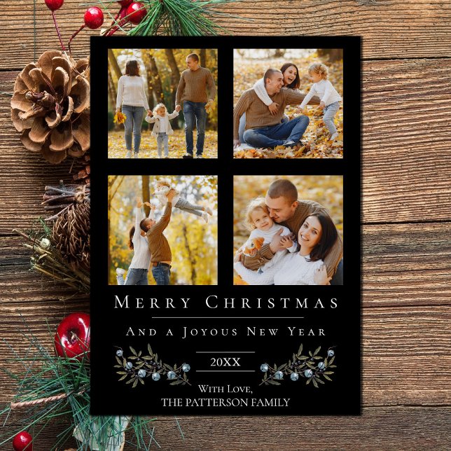Jingle Bells Foto Collage Weihnachten | Schwarz (Black Jingle Bells Four Photo Christmas Holiday Card)