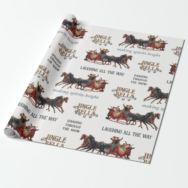 Jingle Bells Sleigh Reiten Vintager Weihnachtsfeie Geschenkpapier (Ungerollt)