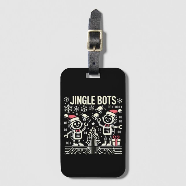 Jingle Bots Festive Holiday Roboter mit Weihnachts Gepäckanhänger (Vorderseite Vertikal)