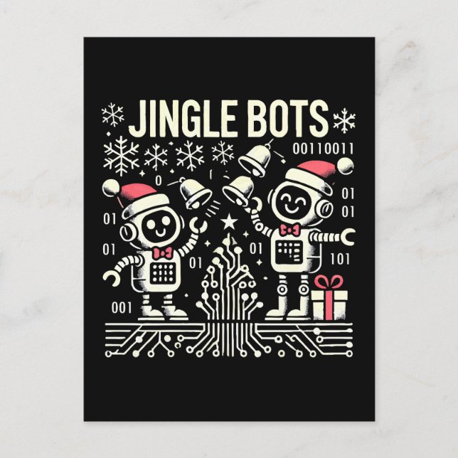 Jingle Bots Festive Holiday Roboter mit Weihnachts Postkarte (Vorderseite)