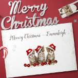 Jingle Cats Meowy Christmas Personalisiert Seidenpapier<br><div class="desc">Drei bezaubernde Kätzchen mit roten Elfenhüten,  die mit roten Baubelschmuckstücken posieren,  Sets,  die dieses Design für vollkommene Kulzität auszeichnen. Machen Sie Ihren Gruß personalisiert über den Kätzchen. Ein schneebedeckter Rahmen auf weißem Hintergrund und zwei winzige Pfotendrucke in der oberen links Ecke.</div>