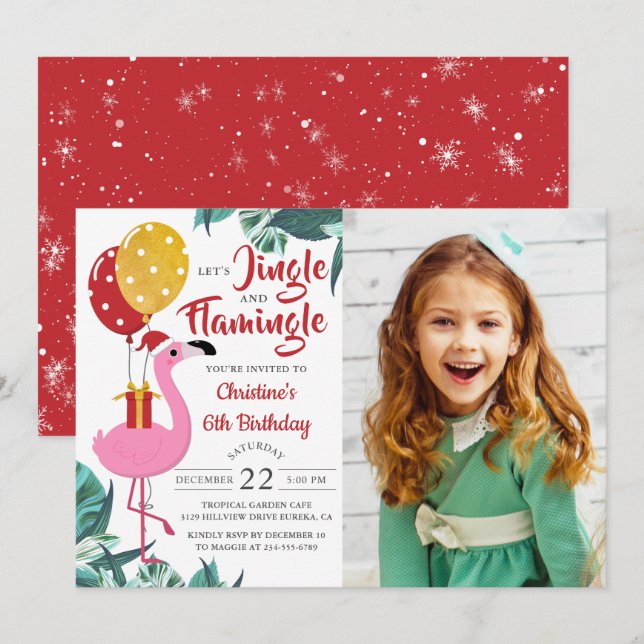 Jingle Flamingo Tropical Christmas Birthday Foto Einladung (Vorne/Hinten)