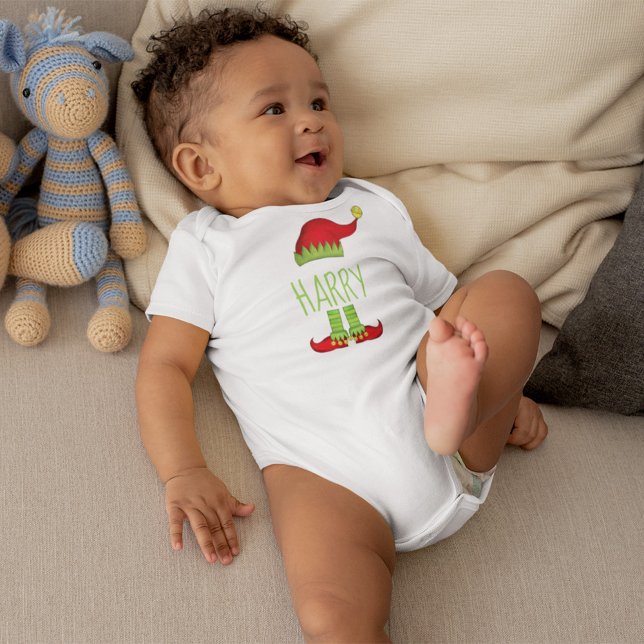 Jingle Jolly Merry Old Elf Hat and Shoes Baby Strampler (Whimsical cute personalized elf baby newborn body suit.)