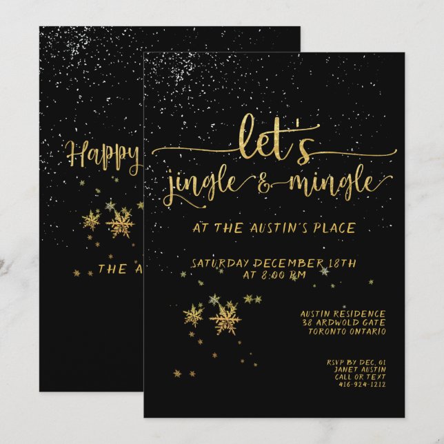 Jingle Mingle Black Gold Calligraphy Holiday Party Einladung (Vorne/Hinten)
