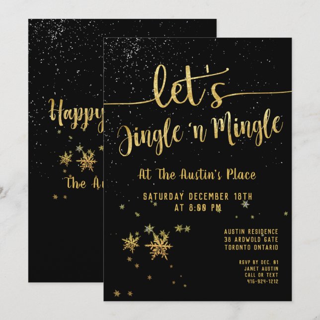 Jingle Mingle Black Gold Calligraphy Holiday Party Einladung (Vorne/Hinten)