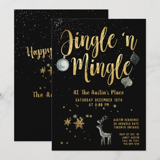 Jingle Mingle Black Gold Calligraphy Holiday Party Einladung (Vorne/Hinten)