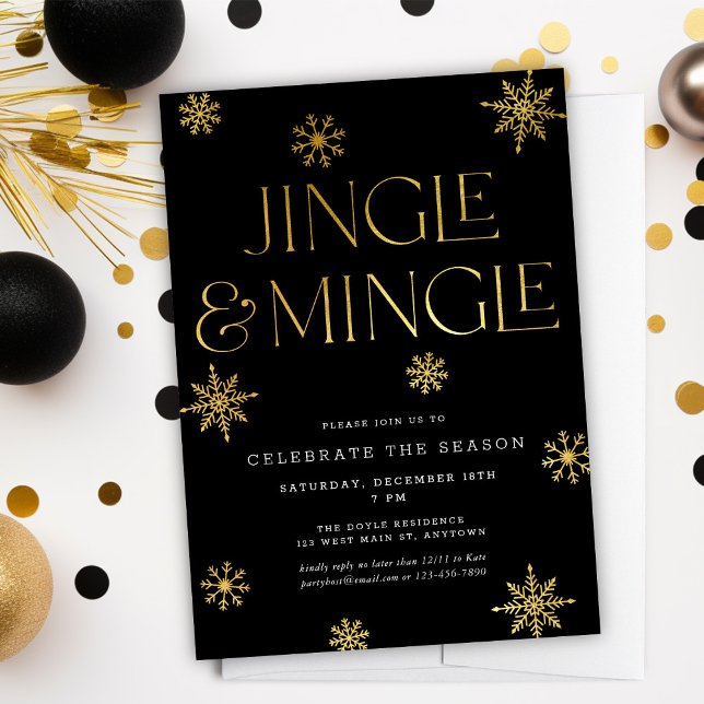 Jingle & Mingle Black Gold Snowflakes Einladung (Von Creator hochgeladen)