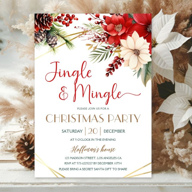 Jingle & Mingle Christmas Party Red Poinsettia Einladung (Von Creator hochgeladen)