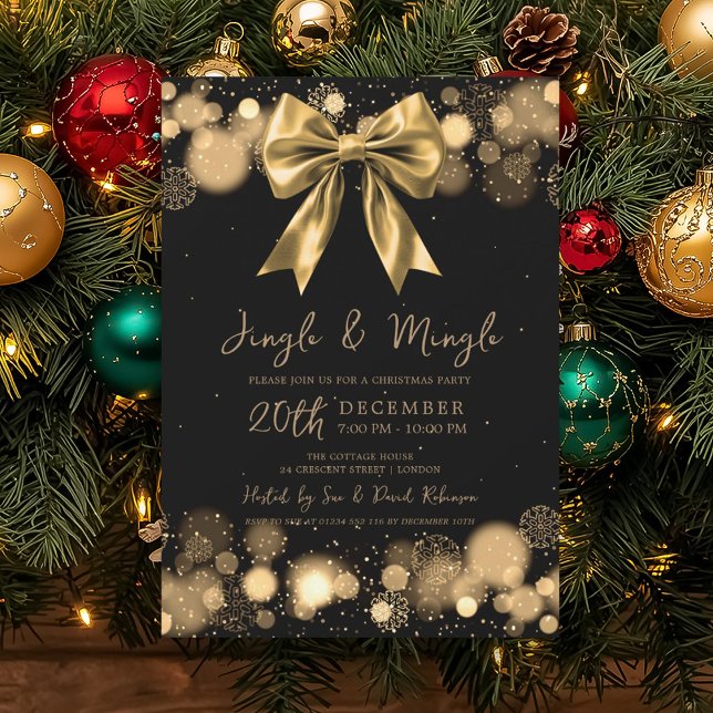 Jingle & Mingle Christmas Party Winter Gold Bow Einladung (Jingle & Mingle Christmas Party Winter Gold Bow Invitation)