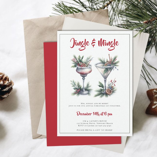 Jingle Mingle Holiday Cocktails Weihnachts-Party Einladung (jingle mingle christmas party invitation cocktails mixer annual family holiday green red)