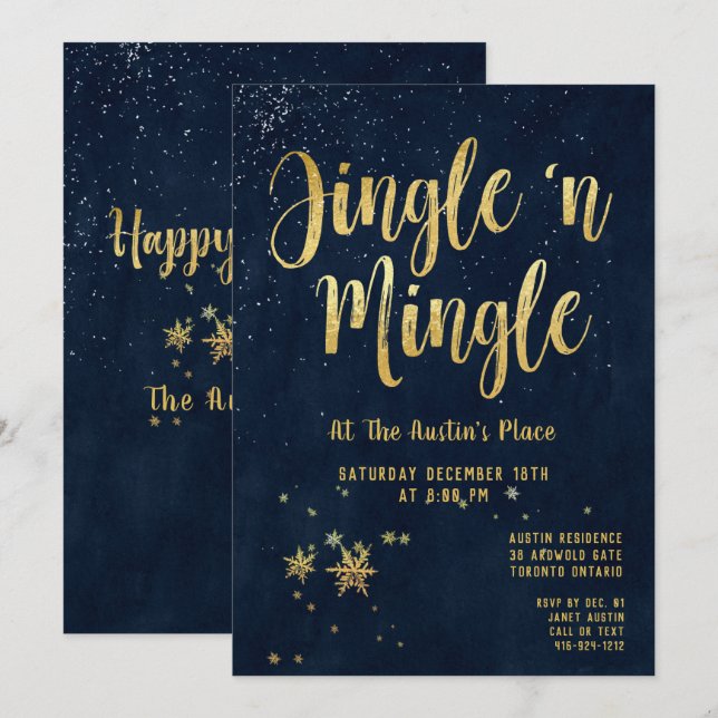 Jingle Mingle Navy Gold Calligraphy Holiday Party Einladung (Vorne/Hinten)