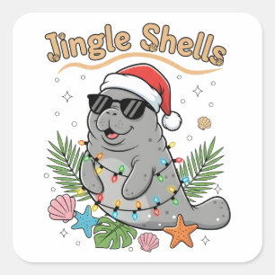 Jingle Shells Tropischer Weihnachtsmann-Manatee Quadratischer Aufkleber