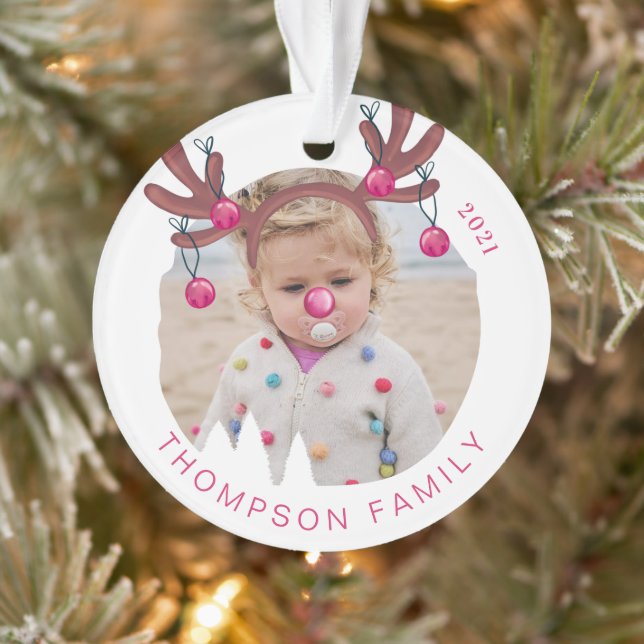 Jingle The Way Fun Foto Rentier Antler Bells Ornament (Baum)