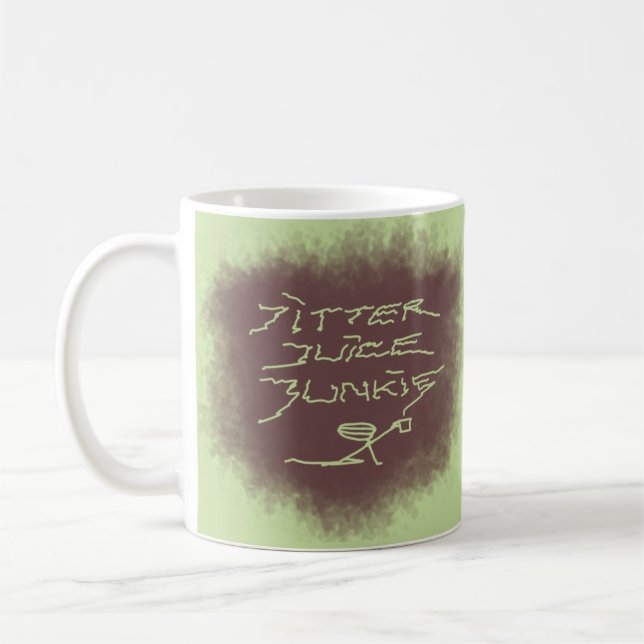 Jitter Juice Junkie - Kaffeekunst auf Grün. Kaffeetasse (Links)