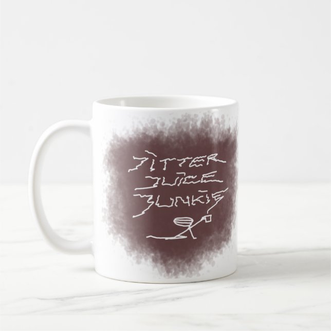 Jitter Juice Junkie - Kaffeekunst auf Weiß. Kaffeetasse (Links)