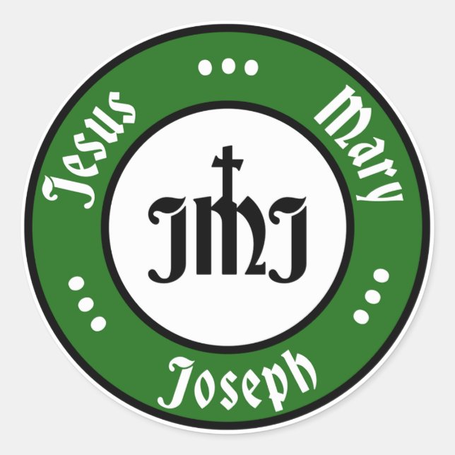 JMJ: Jesus, Mary, Joseph Logo (grün) Runder Aufkleber (Vorderseite)
