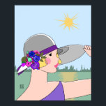 Joanne - Art Deco Portrait in Lila & blau Poster<br><div class="desc">Die schöne Blondine Joanne am Wasser. Sie trägt ein lila Kleid und Posen vor einem unangenehmen Hintergrund von staubgrünem Wasser, blass blauem Himmel und weit entfernten Gebäude in sanftem Salbei. Ihr grauer Hut ist mit einer Band aus lila und Blume in kräftigen Farbtönen aus Pfeffersteinen, Pink, Blues und Grüntönen geschmückt....</div>