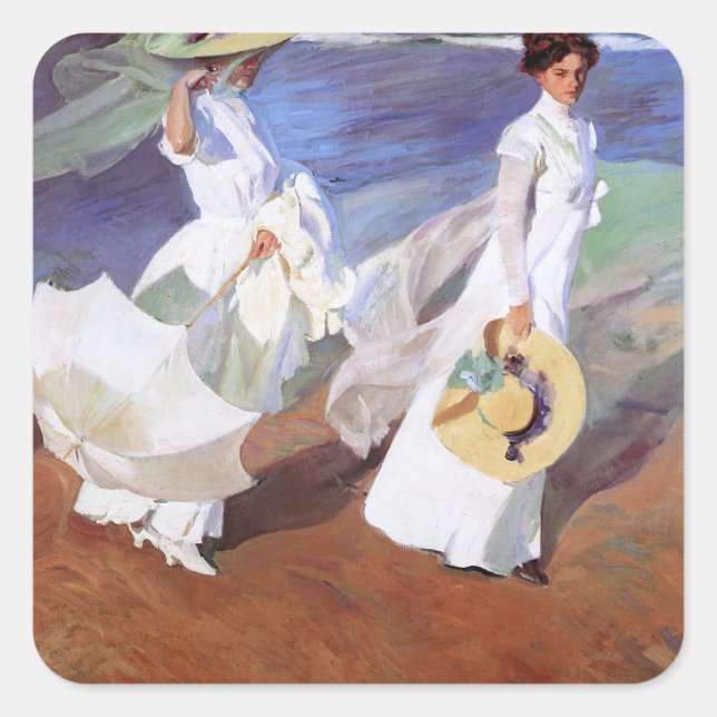 Joaquin Sorolla Women Walking Beach Quadratischer Aufkleber (Vorderseite)