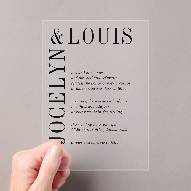 Jocelyn Black and White Modern Wedding Acryleinladungen (Insitu (Handheld))