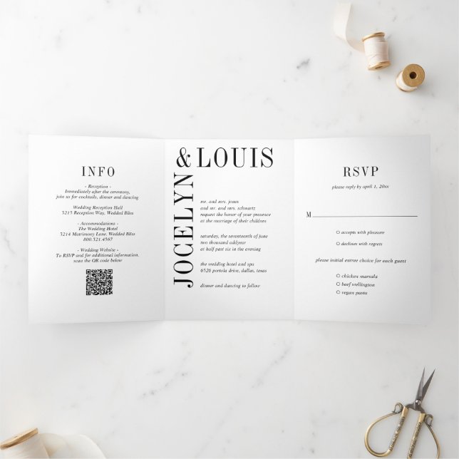 Jocelyn Black and White Modern Wedding Dreifach Gefaltete Einladung (Innenseite)