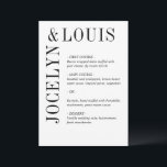 Jocelyn Black and White Modern Wedding Menükarte<br><div class="desc">Modernes Hochzeitsmenü in minimalistischem Schwarz-Weiß-Design mit Ihren Namen in einem großen Schriftart entlang der links Seite und oben. Dieses Design ist einfach genug für eine feierliche Hochzeit,  aber macht eine kühne Aussage.</div>