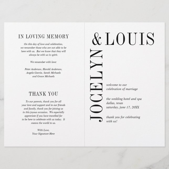 Jocelyn Black and White Modern Wedding Program (Vorderseite)