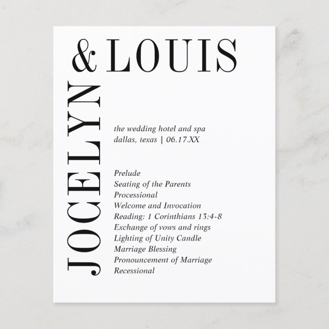 Jocelyn Black and White Modern Wedding Program Flyer (Vorne)