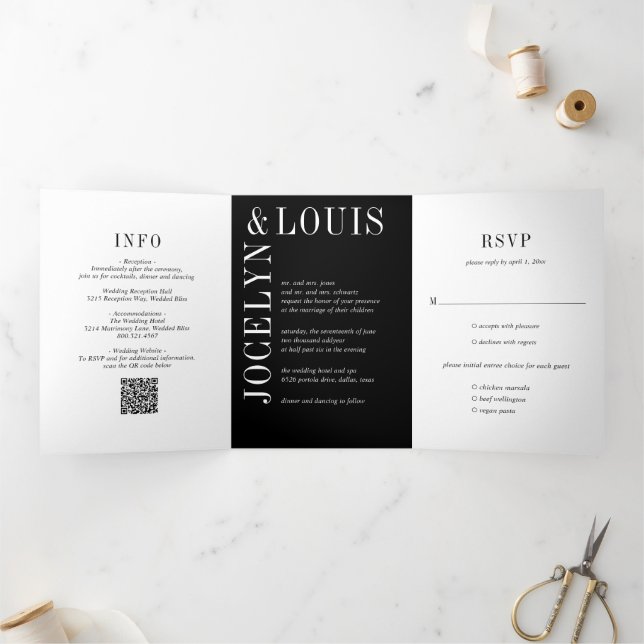 Jocelyn Black Modern Wedding Dreifach Gefaltete Einladung (Innenseite)