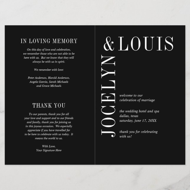 Jocelyn Black Modern Wedding Program Flyer (Vorne)