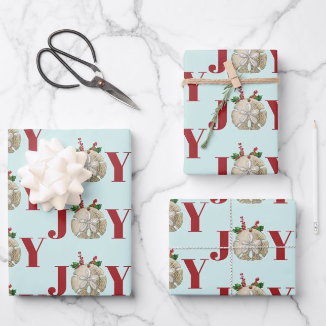 JoChristmas Sand Dollar Holly Berries Küste Geschenkpapier Set (Vorderseite)
