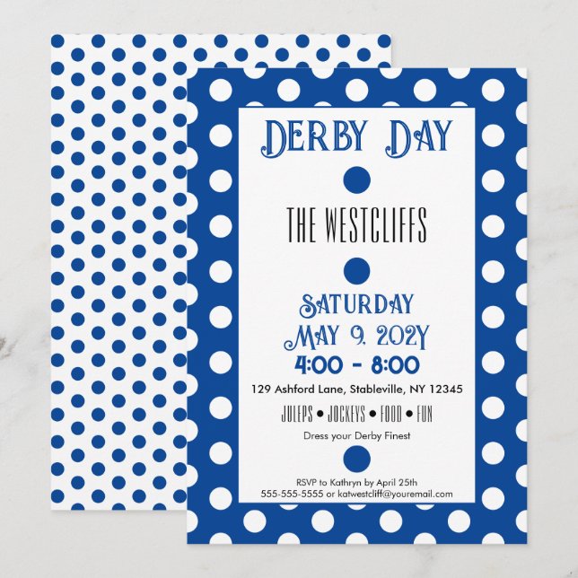 Jockey Silk Dots Blue und White Derby Party Einladung (Vorne/Hinten)