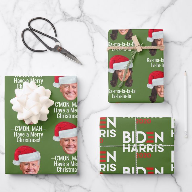 Joe Biden Kamala Harris Weihnachtsmannmütze Frohe  Geschenkpapier Set (Vorderseite)