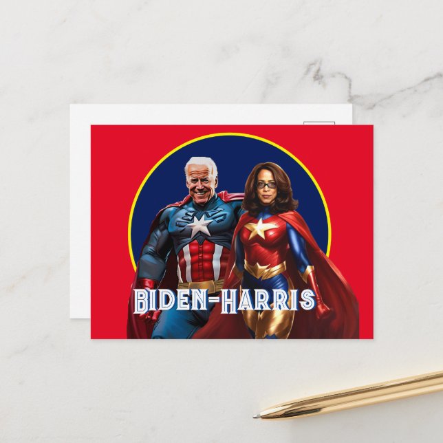Joe Biden und Kamala Harris als Superhelden Postkarte (Vorderseite/Rückseite Beispiel)