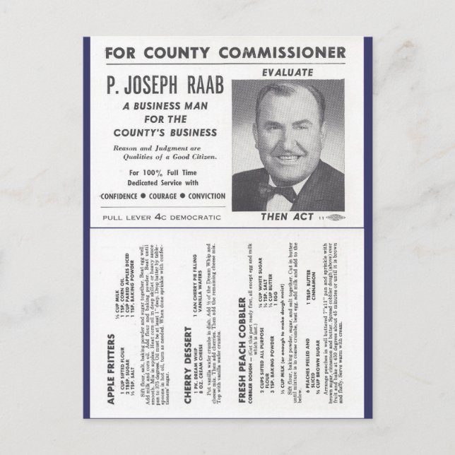 Joe Raab's Orchard-Rezepte & politische Werbung Postkarte (Vorderseite)