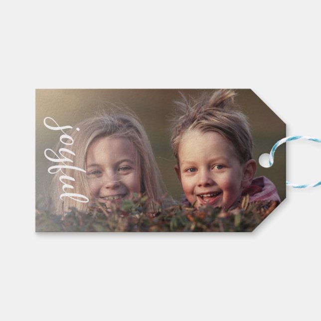 Joful Script Olive Green Holiday Family Foto Geschenkanhänger (Vorderseite (Horizontal))