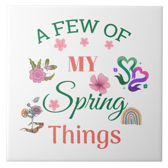 Joful Spring Zitat mit Blume und Regenbögen Fliese (Vorderseite)