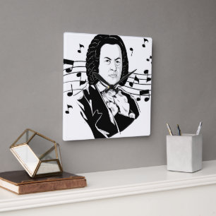 Johann Sebastian Bach Portrait and Bust with Notes Quadratische Wanduhr