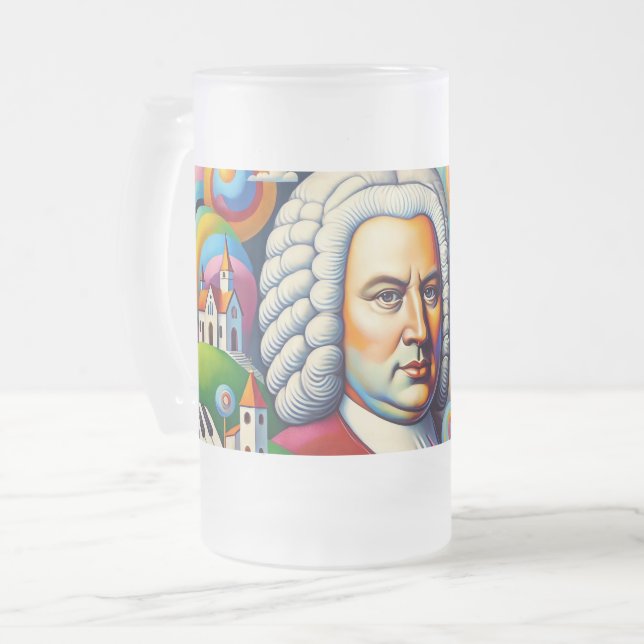 Johann Sebastian Bach: Portrait in einem modernen  Mattglas Bierglas (Vorderseite Links)