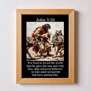 Johannes 3,16 Guter Hirte rettet Lamm vor Wölfen Poster