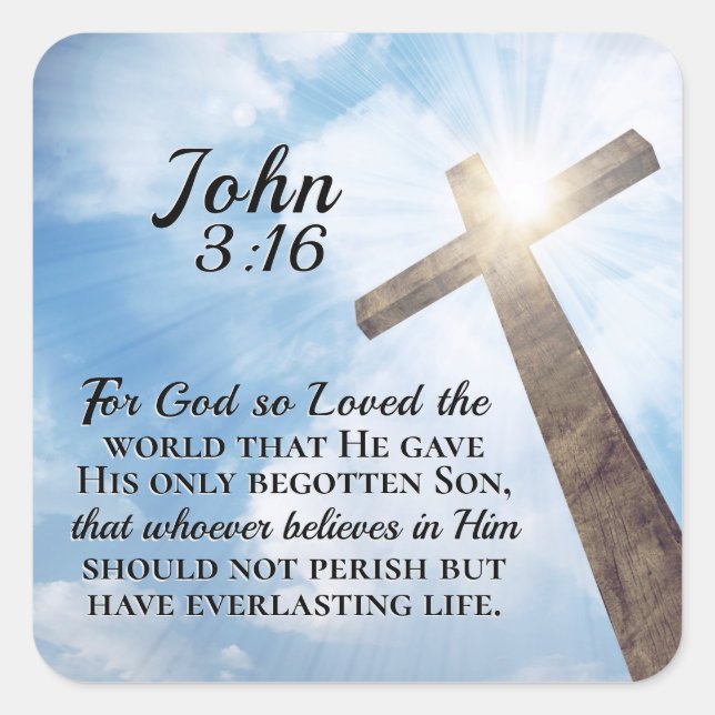 Johannes 3:16 So liebte Gott das Weltholzkreuz Quadratischer Aufkleber (Vorderseite)