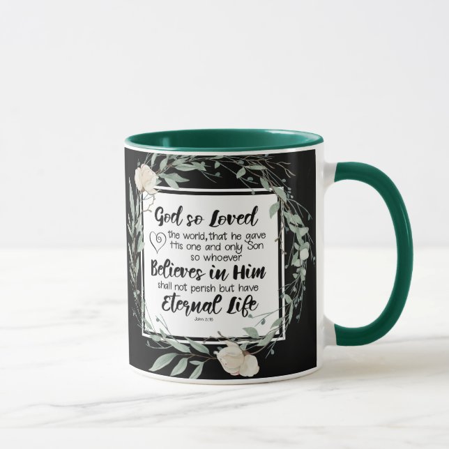 Johannes 3:16 So liebte Gott das World Bible Verse Tasse (Rechts)