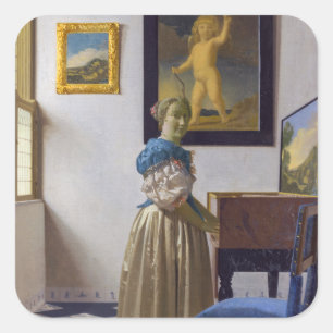 Johannes Vermeer - Dame stehend an einer Virginal Quadratischer Aufkleber