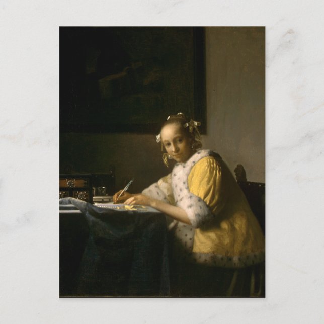 Johannes Vermeer, eine Frau, die eine Postkarte fü (Vorderseite)