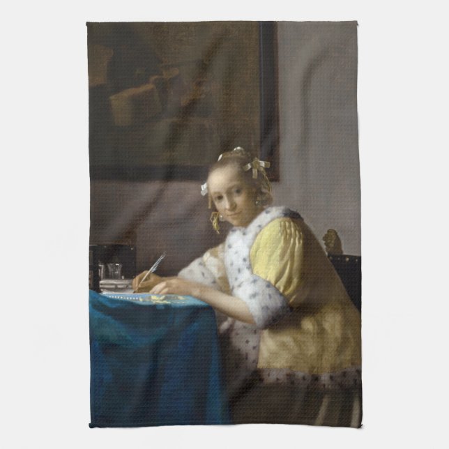 Johannes Vermeer - Eine Lady, die einen Brief schr Geschirrtuch (Vertikal)