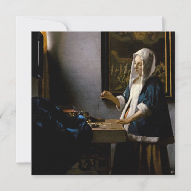 Johannes Vermeer - Frauen, die ein Gleichgewicht h Dankeskarte (Vorderseite)