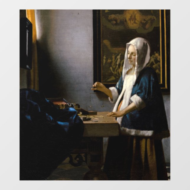 Johannes Vermeer - Frauen, die ein Gleichgewicht h Fensteraufkleber (Blatt)