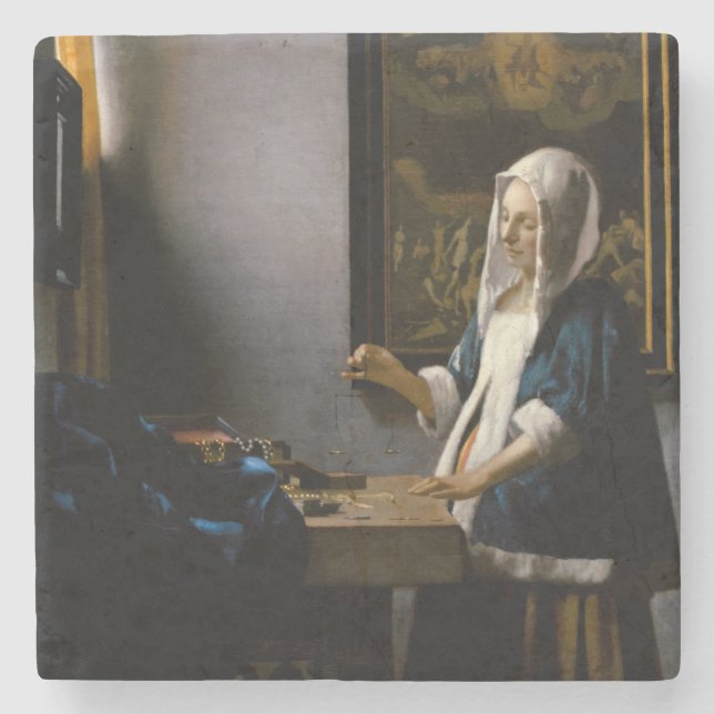 Johannes Vermeer - Frauen, die ein Gleichgewicht h Steinuntersetzer (Vorderseite)