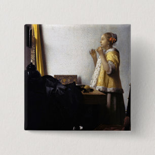 Johannes Vermeer - Junge Frau mit Pearl Necklace Button