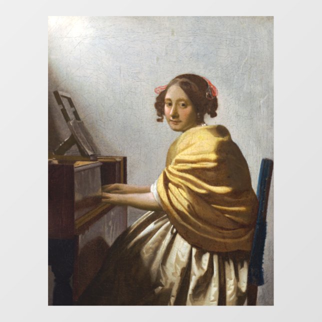 Johannes Vermeer - Junge Frau sitzt bei Virginal Fensteraufkleber (Blatt)